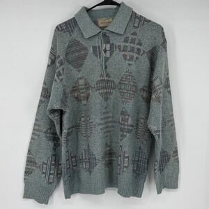 Suspense Mens Vintage Made in Italy Geometric Knit Polo Sweater Blue Gray L